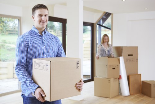Boxes and household items organized for an Eastham move